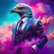 Fashionable anthropomorphic eagle boss in a suit standing in pink neon sky
