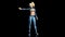 Fashionable blonde girl with pigtails pointing, beautiful woman in yoga pants posing on black background, 3D render