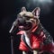 Fashionable bulldog in red jaket sings into a microphone on stage