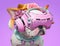 Fashionable bulldog wearing VR headset in fairy kei style