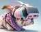 Fashionable bulldog wearing VR headset in fairy kei style