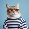 Fashionable Cat In Striped Shirt And Sunglasses
