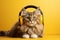 Fashionable cat in wireless headphones, trendy pet on plain background with space for text