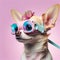 Fashionable chihuahua dog with flowers wearing glasses