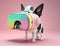 Fashionable chihuahua dog wearing VR headset in fairy kei style