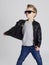 Fashionable child in leather coat.little boy in sunglasses