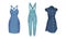 Fashionable denim clothes set. Dress, sundress and overalls, female blue jean casual outfit vector illustration