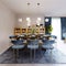 Fashionable designer dining table, black countertop, blue chairs, yellow furniture, dining area with kitchen multi-colored meel