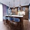 Fashionable designer kitchen with an island with a marble working surface, a kitchen in blue and brown colors, wooden furniture