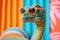 Fashionable Dinosaur Toy With Pink Sunglasses Against a Colorful Striped Background