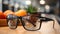 Fashionable eyeglasses on table, reflecting summer elegance indoors generated by AI