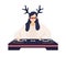 Fashionable female DJ in funny deer horns and glasses playing electronic music records vector flat illustration. Stylish