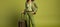 Fashionable female traveler posing with suitcase on green background for advertising campaign