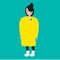 Fashionable female in yellow winter coat. Girl in trendy clothes, artistic hand drawn style illustration