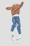 Fashionable flying brown cotton stylish sweatshirt, blue jeans, leather sneakers isolated on gray background. Clothes, shoes,