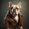 Fashionable french bulldog in leather jacket on dark background.
