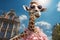 Fashionable giraffe in pink dress and sunglasses