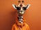 Fashionable giraffe wearing sunglasses and an orange coat on an orange background, stylish giraffe, generative ai