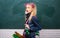 Fashionable girl creative student chalkboard background. Back to school. Stylish creative modern girl. Creative style