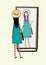 Fashionable girl looks in mirror. Woman with stylish, retro accessories hat, striped tights, handbag. Hand drawn vector