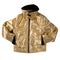 Fashionable gold jacket sheepskin coat, on white background, sleeves tucked into pockets, concept