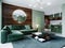 Fashionable green color living room with corner sofa and wood paneling on the walls and with a round mirror with light