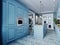 Fashionable kitchen with blue walls and blue furniture, a kitchen in a modern classic style