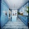 Fashionable kitchen with blue walls and blue furniture, a kitchen in a modern classic style