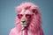 A fashionable lion with a pink mane in a suit and stylish glasses on an isolated background.