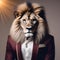 A fashionable lion in stylish clothing, posing for a portrait with a commanding presence3