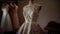 Fashionable mannequin showcases elegant wedding dress collection generated by AI