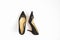 Fashionable medium heeled women`s leather wedge shoes isolated on white.