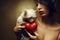 Fashionable model holding red heart and white little chinese crested dog