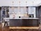 Fashionable modern kitchen with gray contemporary furniture, a kitchen island with a bar counter and two chairs, beige walls and