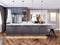 Fashionable modern kitchen with gray contemporary furniture, a kitchen island with a bar counter and two chairs, beige walls and