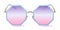 Fashionable octagonal sunglasses with transparent gradient lenses in purple and pink. Front view. Realistic vector