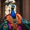 A fashionable peacock in a flamboyant costume, posing for a portrait with vibrant feathers on display2