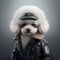 Fashionable poodle in a fancy leather jacket, cool glasses and hat.