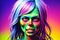 Fashionable portrait of a beautiful zombie girl with bright makeup on a colored background. Halloween. Generative AI.