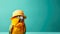 Fashionable portrait of a yellow parrot wearing a hat on a blue background