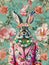 Fashionable rabbit in colorful eggs jewelry over vintage floral wallpaper. Playful whimsical Easter card concept