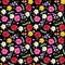 Fashionable seamless floral pattern with ears of wheat, marigold, poppies, daisies and bell flowers isolated on black background