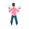 Fashionable standing young man in virtual reality glass exploring new space in metaverse flat style