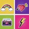 Fashionable stripes with a heart, lightning, music, rainbow. Vector illustration isolated on a colored background.