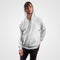 Fashionable sweatshirt template with zipper, pocket on a guy in black jeans in a hood, front view, for design presentation