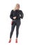 Fashionable trendy attractive mid age woman wearing black leather pants and red heeled shoes posing