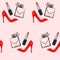 Fashionable vector illustration. An image of a transparent perfume bottle with lipstick and red high-heeled shoes inside