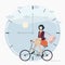 Fashionable woman commutes to work on bike in nine am time vector illustration