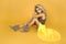 Fashionable woman in trendy yellow dress, shoes and accessories. Fashion spring summer photo. Country girl - Image