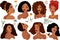 Fashionable womans with different hair style. Collection womans and leaves ideal for postcards, scrapbooking, posters